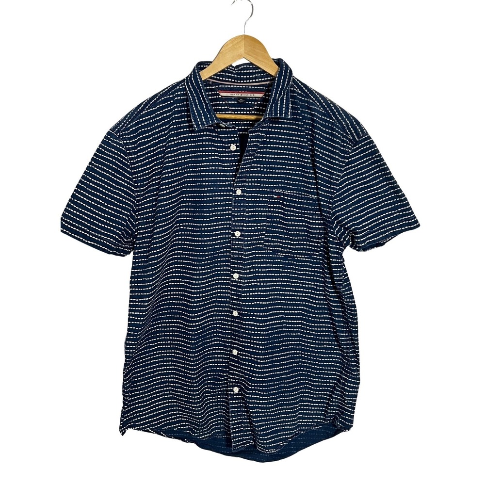 Tommy Hilfiger Men's Shirt XXL Navy Blue Dot Stripe Short Sleeve Casual Cotton